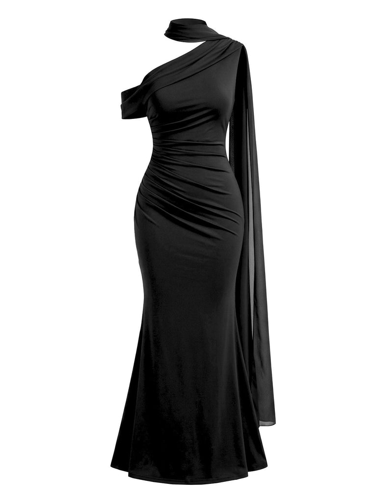 30er Meerjungfrauen-Abendkleid mit asymmetrischem Ausschnitt, Raffung und Schal-Detail