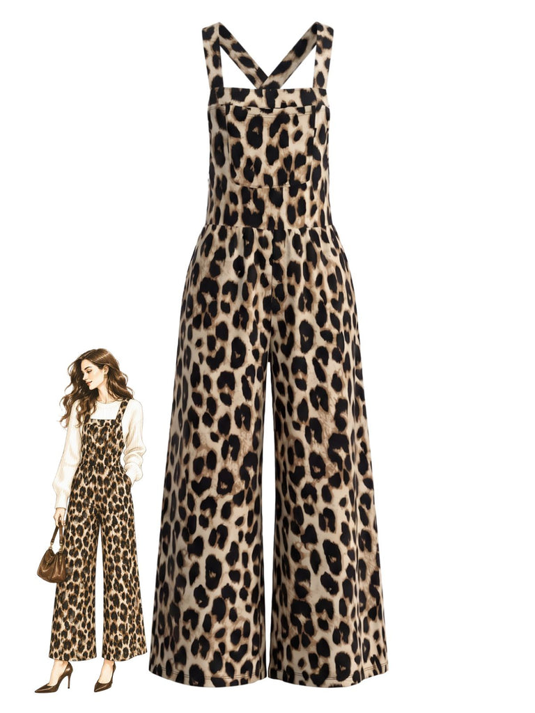 Brauner 50er Western-Jumpsuit mit Leoprint und weitem Bein