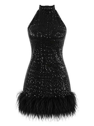 60er Pailletten-Minikleid mit Neckholder und Federsaum