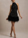 60er Pailletten-Minikleid mit Neckholder und Federsaum