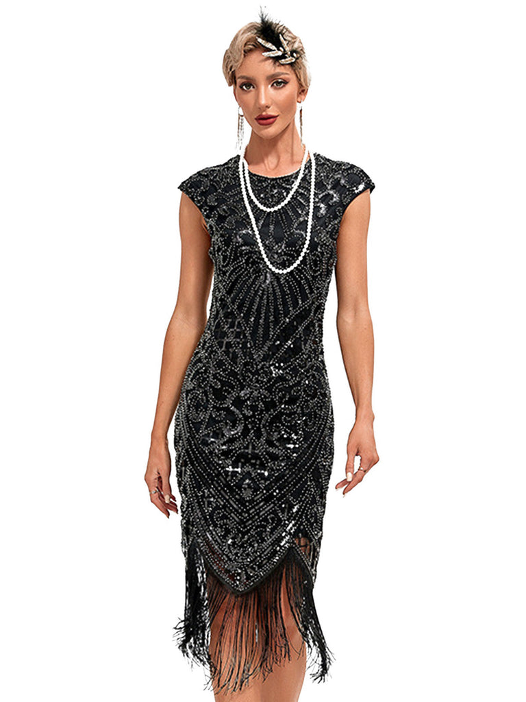 20er Gatsby-Kleid mit Pailletten, Fransen und Kappenärmeln
