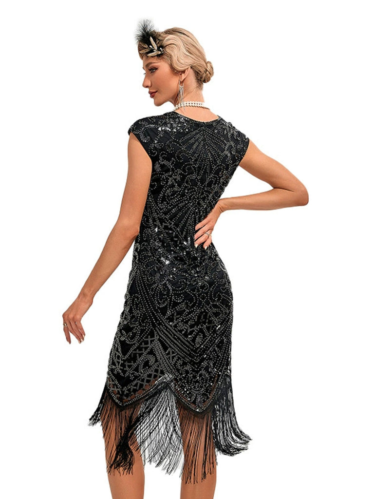 20er Gatsby-Kleid mit Pailletten, Fransen und Kappenärmeln