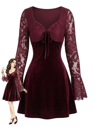 Weinrotes 60er Samt-Minikleid mit Spitzen-Glockenärmeln