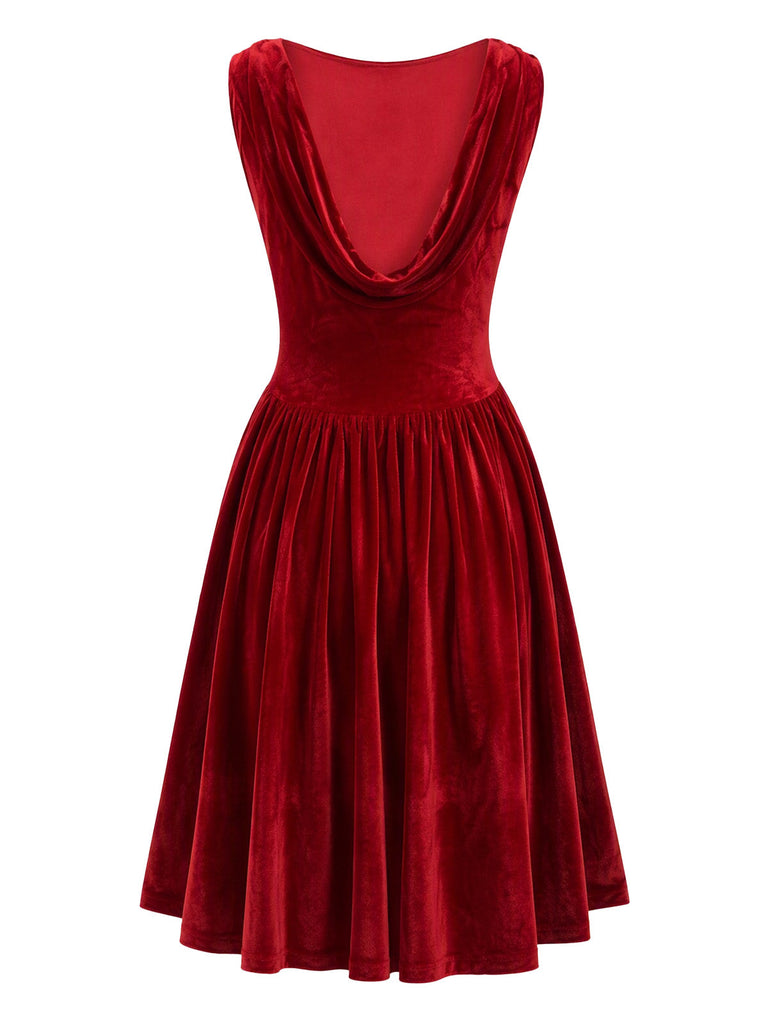 Rotes ärmelloses 50er Samtkleid mit Wasserfallrücken