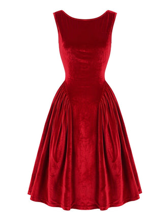 Rotes ärmelloses 50er Samtkleid mit Wasserfallrücken