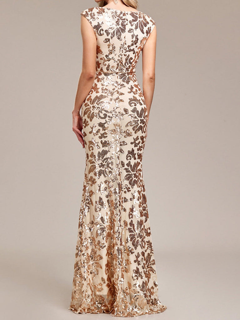 Goldenes 20er Meerjungfrauenkleid mit Blumenpailletten und Kappärmeln