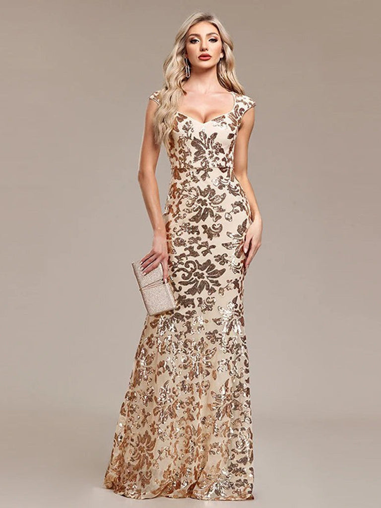 Goldenes 20er Meerjungfrauenkleid mit Blumenpailletten und Kappärmeln
