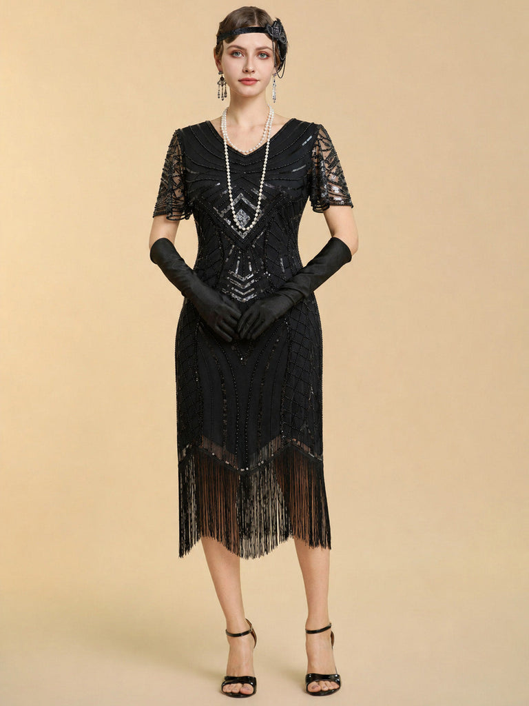 20er Art-déco-Pailletten-Flapperkleid mit V-Ausschnitt, transparenten Ärmeln und Fransen