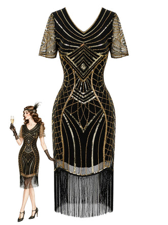 20er Art-déco-Pailletten-Flapperkleid mit V-Ausschnitt, transparenten Ärmeln und Fransen
