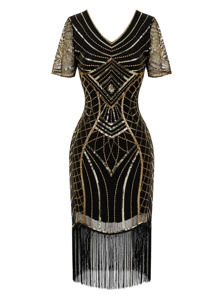 20er Art-déco-Pailletten-Flapperkleid mit V-Ausschnitt, transparenten Ärmeln und Fransen