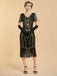 20er Art-déco-Pailletten-Flapperkleid mit V-Ausschnitt, transparenten Ärmeln und Fransen