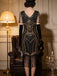 20er Art-déco-Pailletten-Flapperkleid mit V-Ausschnitt, transparenten Ärmeln und Fransen