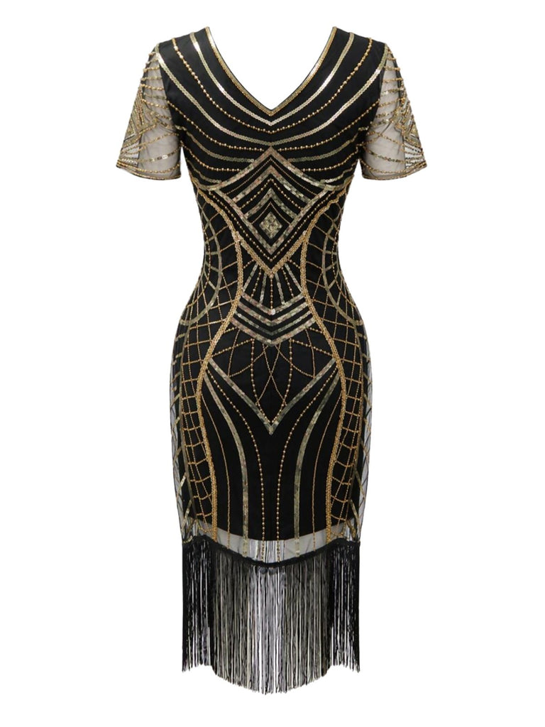 20er Art-déco-Pailletten-Flapperkleid mit V-Ausschnitt, transparenten Ärmeln und Fransen