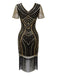 20er Art-déco-Pailletten-Flapperkleid mit V-Ausschnitt, transparenten Ärmeln und Fransen