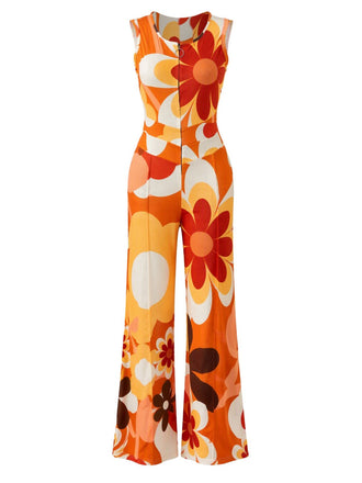Orange 60er ärmelloser Blumen-Jumpsuit mit Herz-Cut-out am Rücken