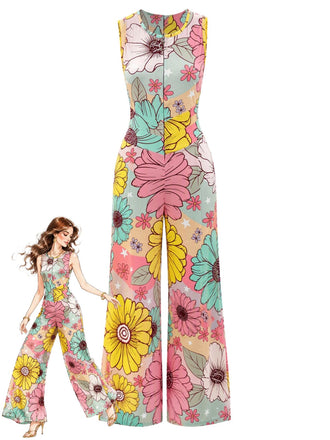 Bunter 70er Blumen-Jumpsuit mit weitem Bein und Herz-Rückenausschnitt