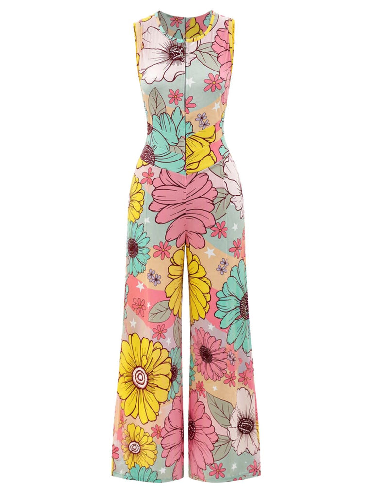 Bunter 70er Blumen-Jumpsuit mit weitem Bein und Herz-Rückenausschnitt