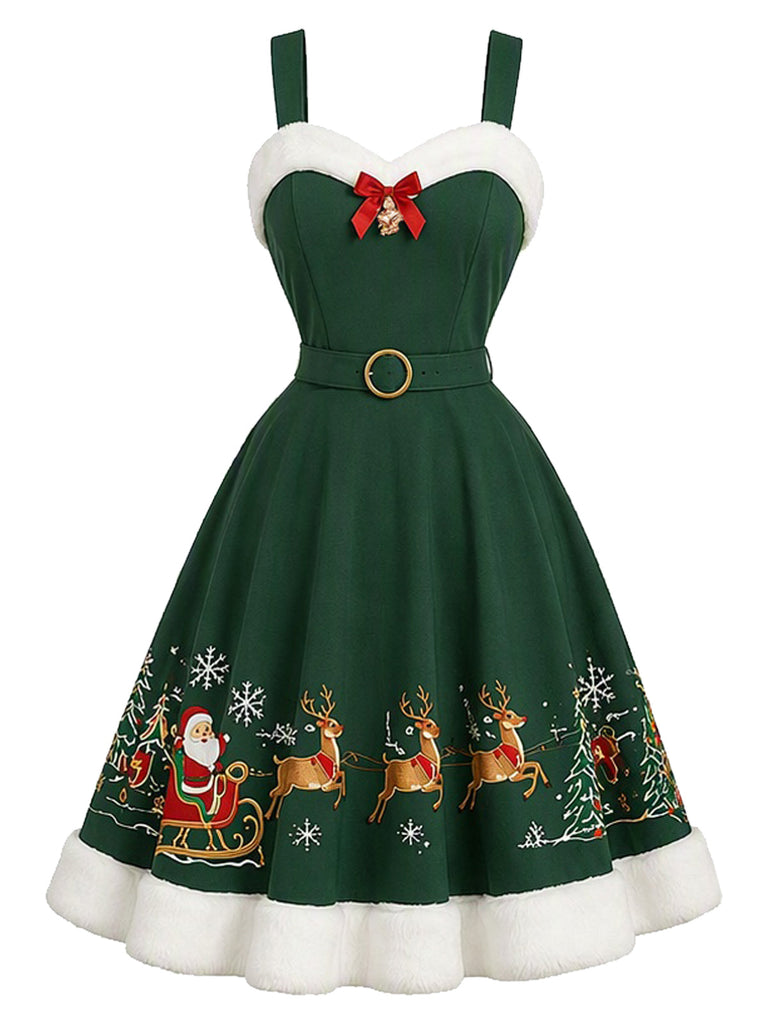 Grünes 50er Weihnachts-Swingkleid mit Santa-Schlitten-Print und Flauschbesatz