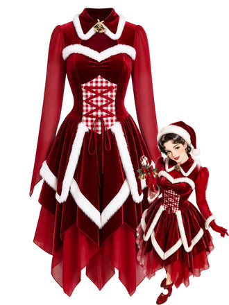 Rotes 50er Weihnachts-Samtkleid mit Schnürung und Zipfelsaum
