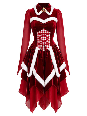 Rotes 50er Weihnachts-Samtkleid mit Schnürung und Zipfelsaum