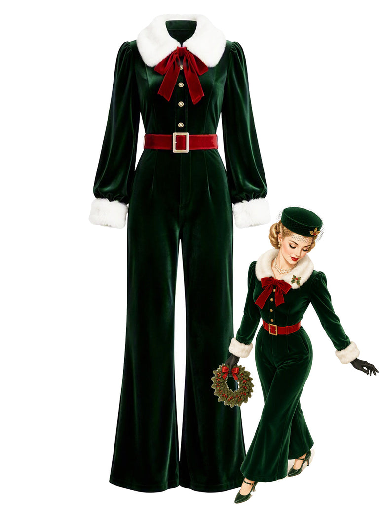 Seegrüner 70er Jumpsuit mit Plüsch-Bubikragen und Ballonärmeln