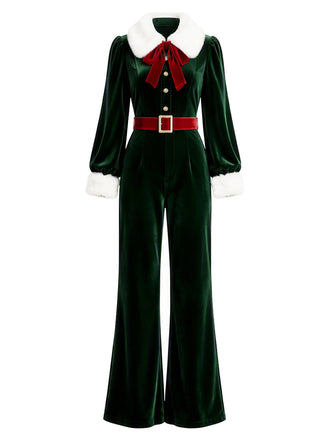 Seegrüner 70er Jumpsuit mit Plüsch-Bubikragen und Ballonärmeln