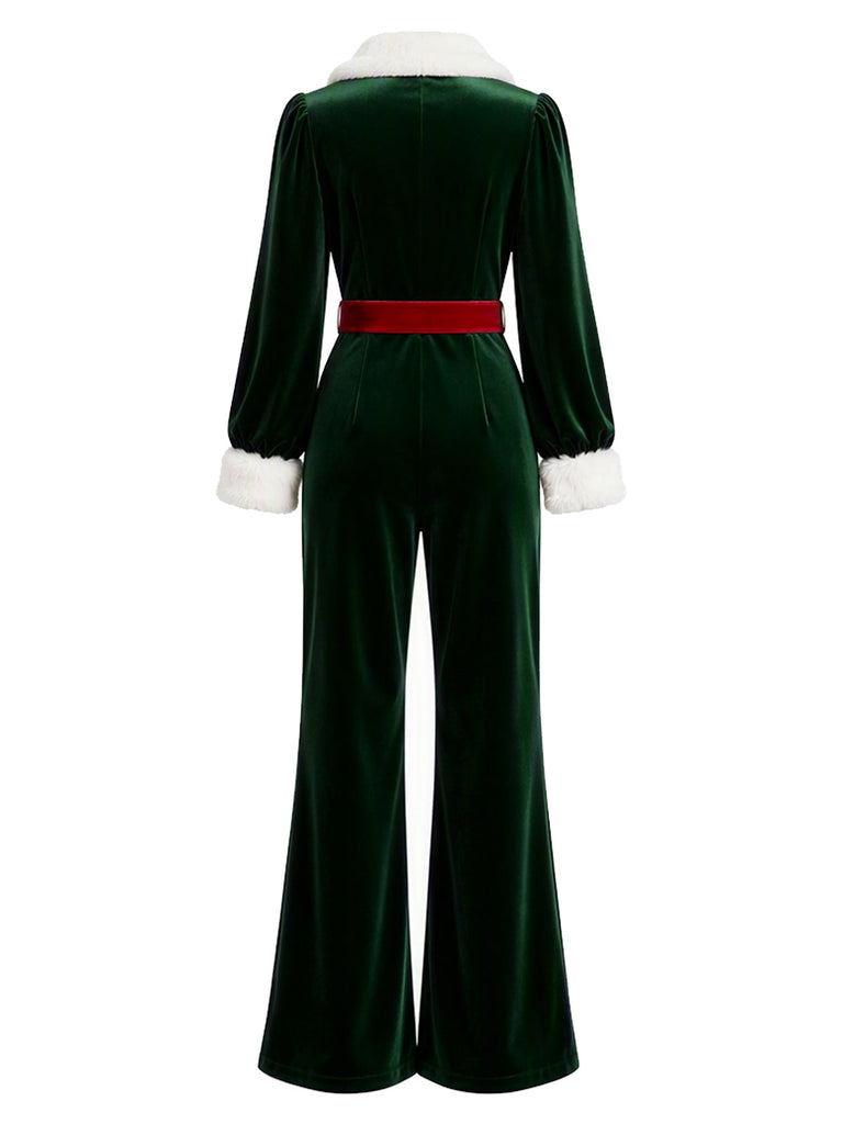Seegrüner 70er Jumpsuit mit Plüsch-Bubikragen und Ballonärmeln