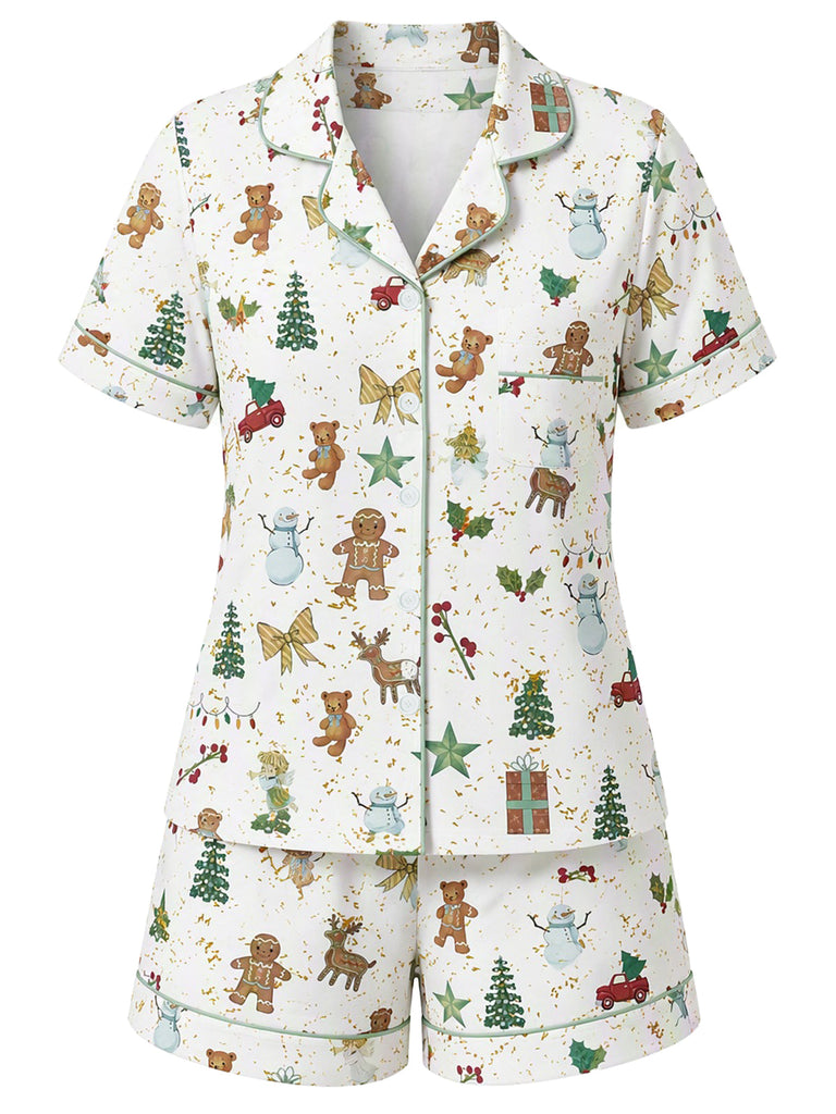 Weißes 70er Weihnachts-Pyjamaset aus Kurzarmhemd und Shorts