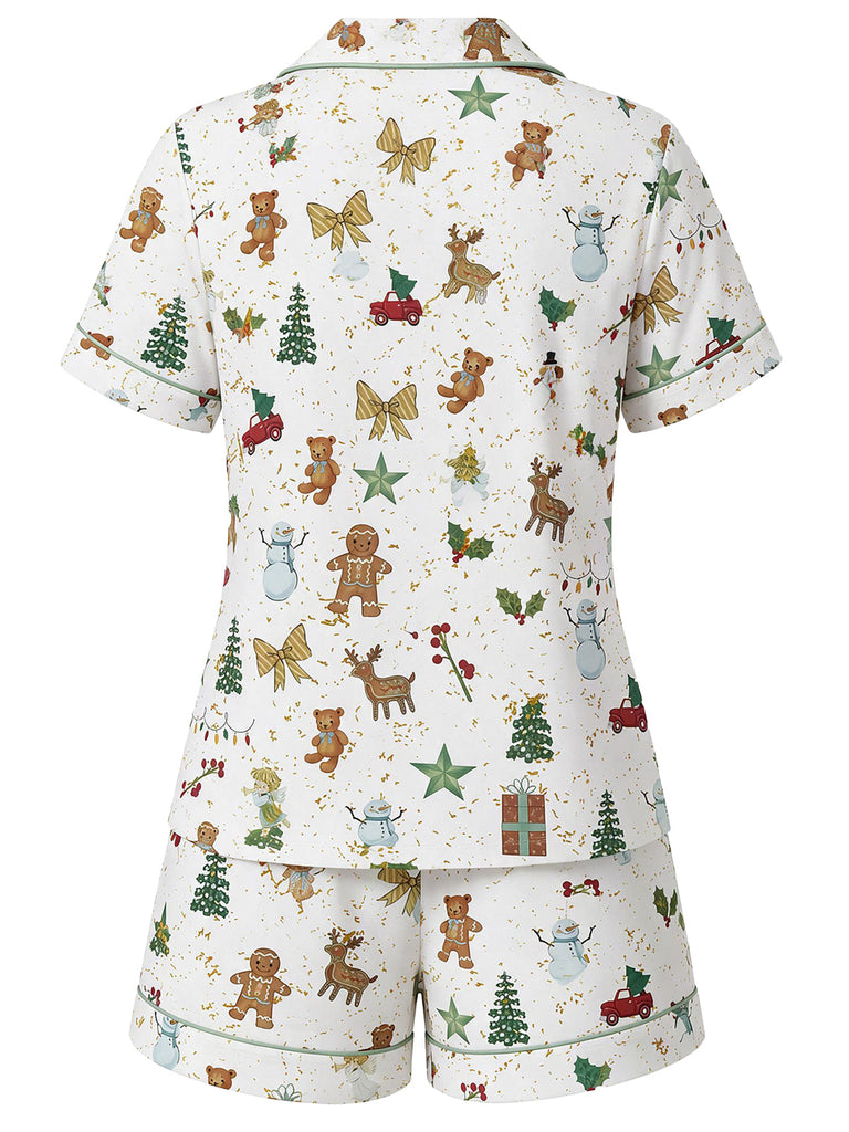 Weißes 70er Weihnachts-Pyjamaset aus Kurzarmhemd und Shorts