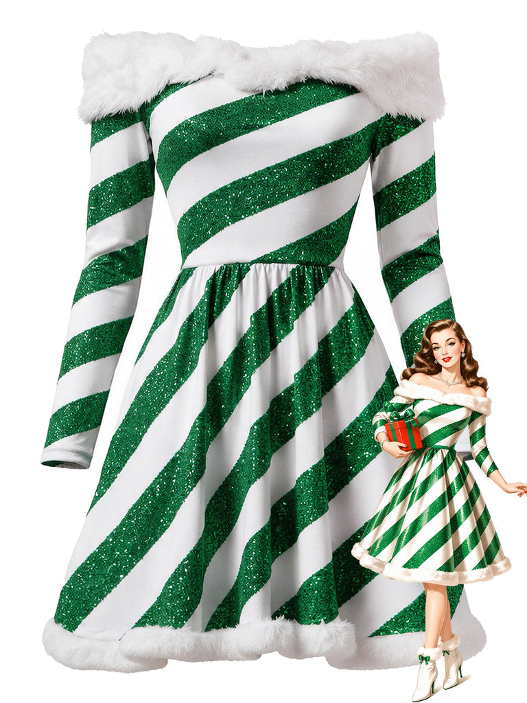 Grünes 50er Carmenkleid mit Zuckerstangenstreifen