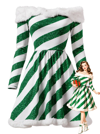 Grünes 50er Carmenkleid mit Zuckerstangenstreifen