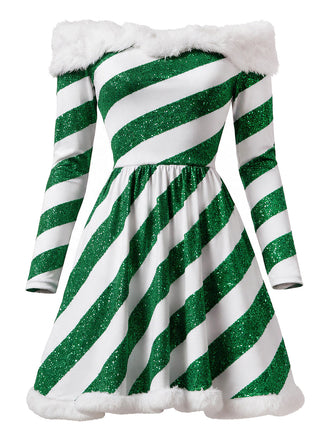 Grünes 50er Carmenkleid mit Zuckerstangenstreifen
