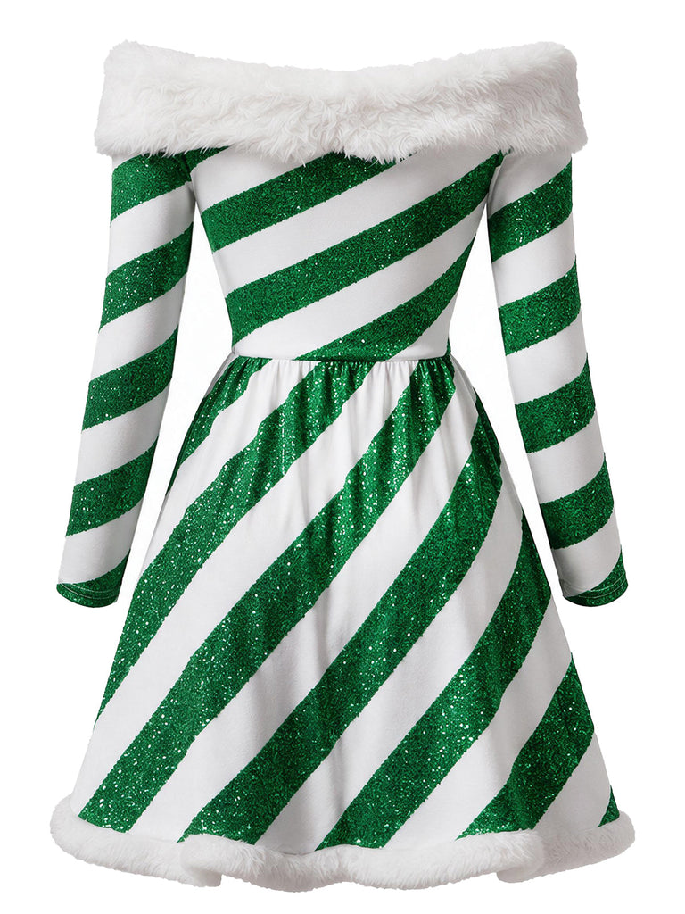 Grünes 50er Carmenkleid mit Zuckerstangenstreifen