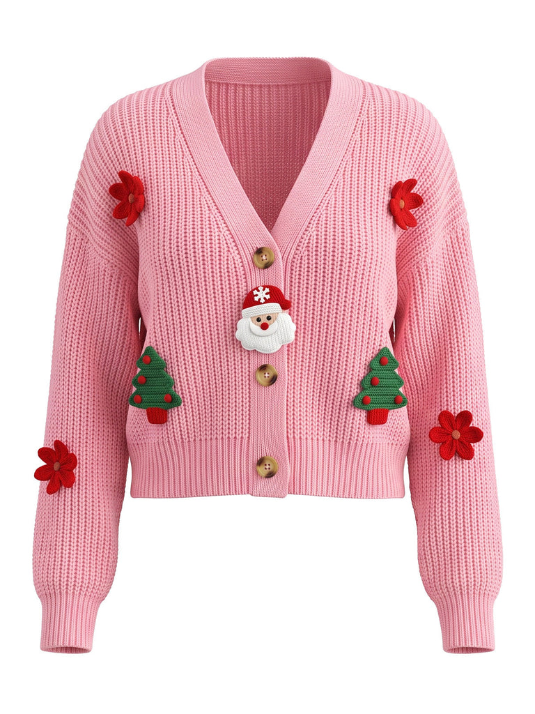 70er Weihnachts-Strickjacke mit Weihnachtsmann- und Tannenbaum-Applikationen