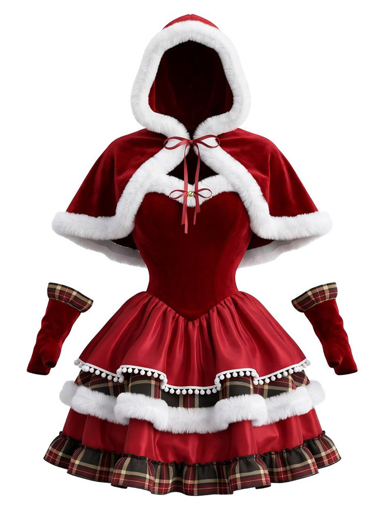 50er Weihnachts-Samtstufenkleid mit Karomuster und Kapuzencape