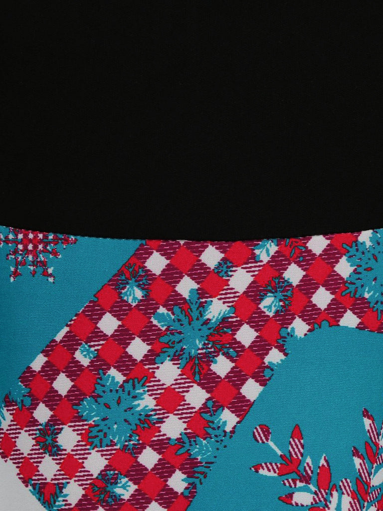Blaues 50er Weihnachts-Swingkleid mit Strumpf-Print und Wellenausschnitt