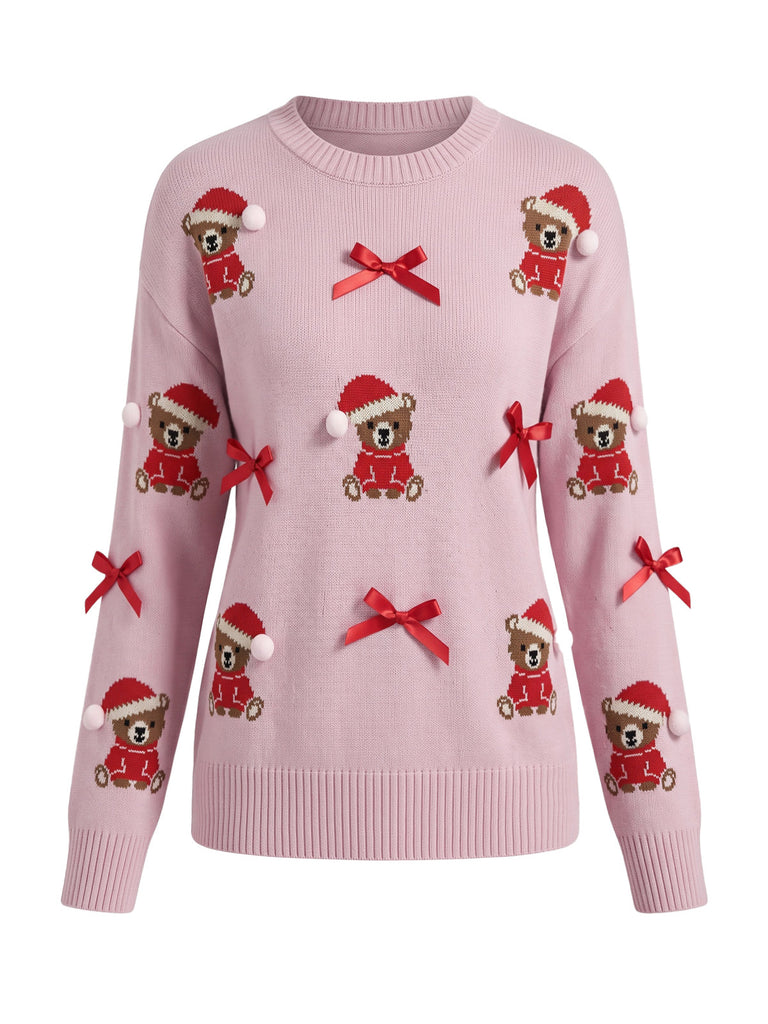 Rosa 60er Weihnachts-Strickpullover mit Teddybär und Schleife