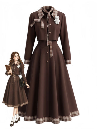 Braunes 40er Set aus Spaghettiträgerkleid & Kurzjacke mit Karobesatz