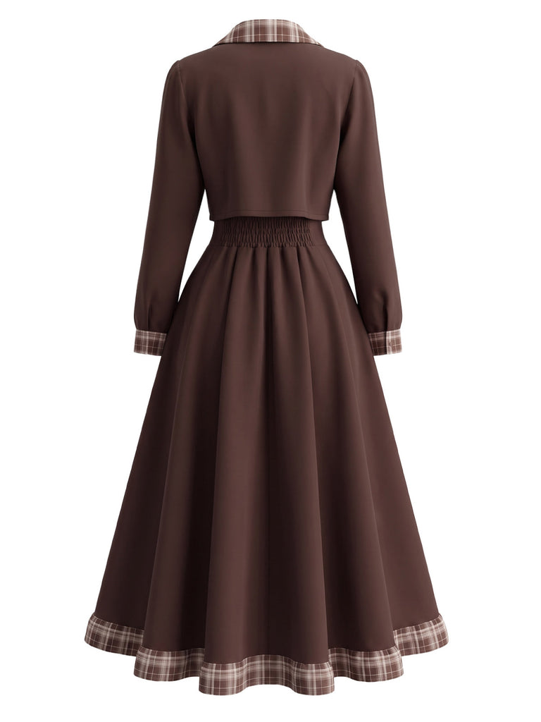 Braunes 40er Set aus Spaghettiträgerkleid & Kurzjacke mit Karobesatz