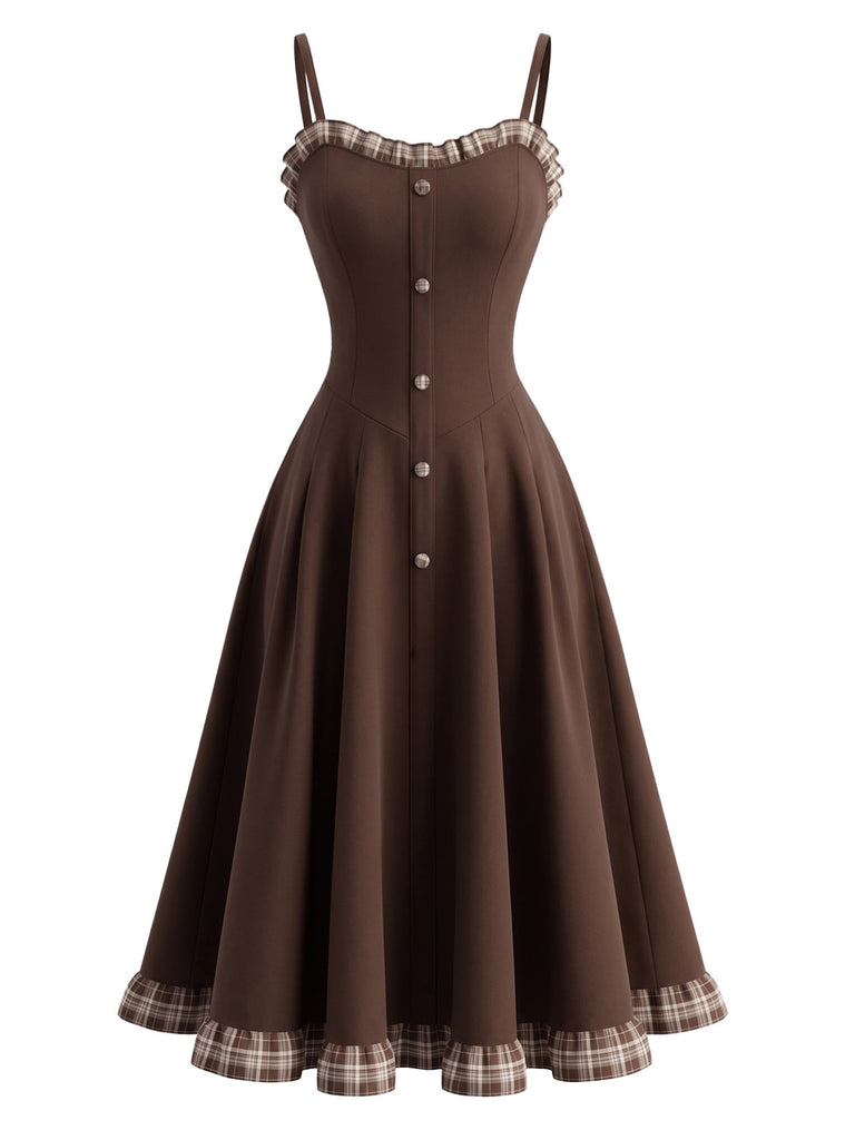 Braunes 40er Set aus Spaghettiträgerkleid & Kurzjacke mit Karobesatz