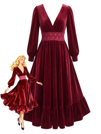 Rotes 50er Samtkleid mit V-Ausschnitt, Taillenspitze und Volantsaum