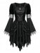 Schwarzes 50er Hexenkleid mit Federbesatz und ausgestellten Ärmeln