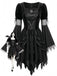 Schwarzes 50er Hexenkleid mit Federbesatz und ausgestellten Ärmeln