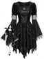 Schwarzes 50er Hexenkleid mit Federbesatz und ausgestellten Ärmeln