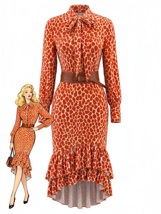 Oranges 70er Leo-Midikleid mit Gürtel und Volants