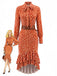 Oranges 70er Leo-Midikleid mit Gürtel und Volants