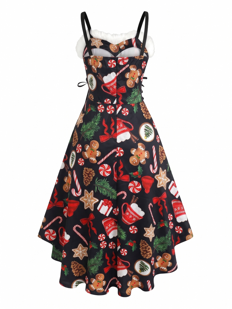 50er Slipkleid mit Fellbesatz und Weihnachtsprint