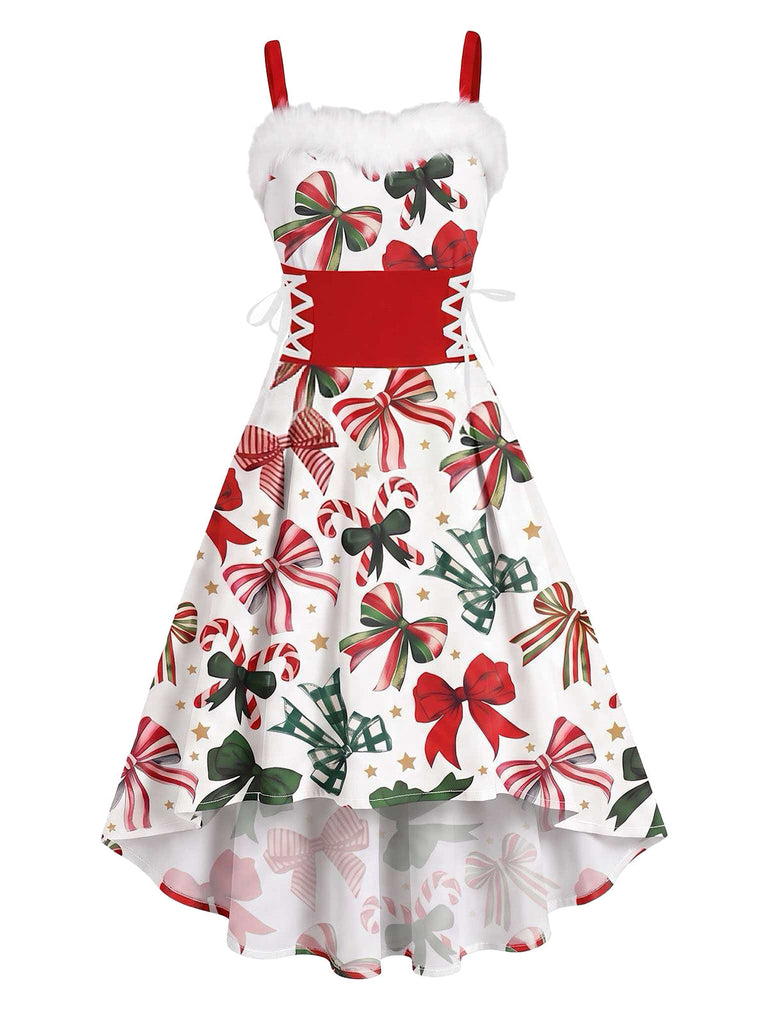 50er Slipkleid mit Fellbesatz und Weihnachtsprint