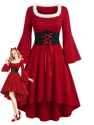 Rotes 50er Weihnachtskleid mit flauschigem Karreeausschnitt, Glockenärmeln und Vokuhila-Saum