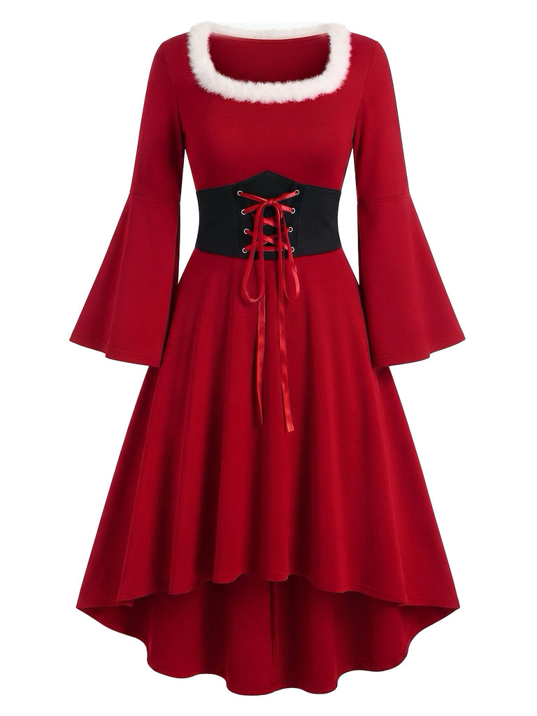 Rotes 50er Weihnachtskleid mit flauschigem Karreeausschnitt, Glockenärmeln und Vokuhila-Saum